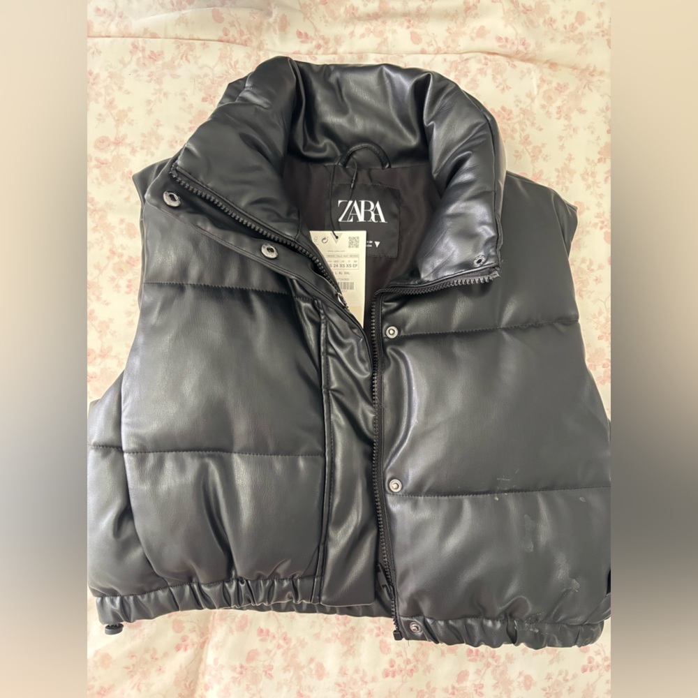 Black Zara faux leather puffer vest, NWT!